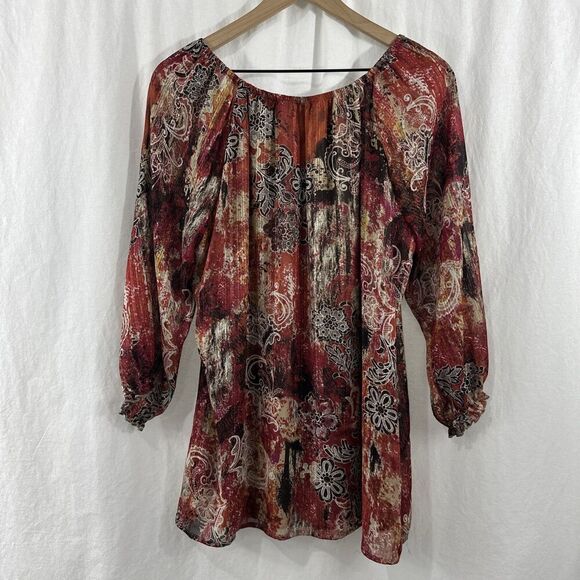 Sara Michelle Boho Metallic Thread Paisley Peasant Top Y2K Womens Size 1X Hippie - Picture 2 of 11
